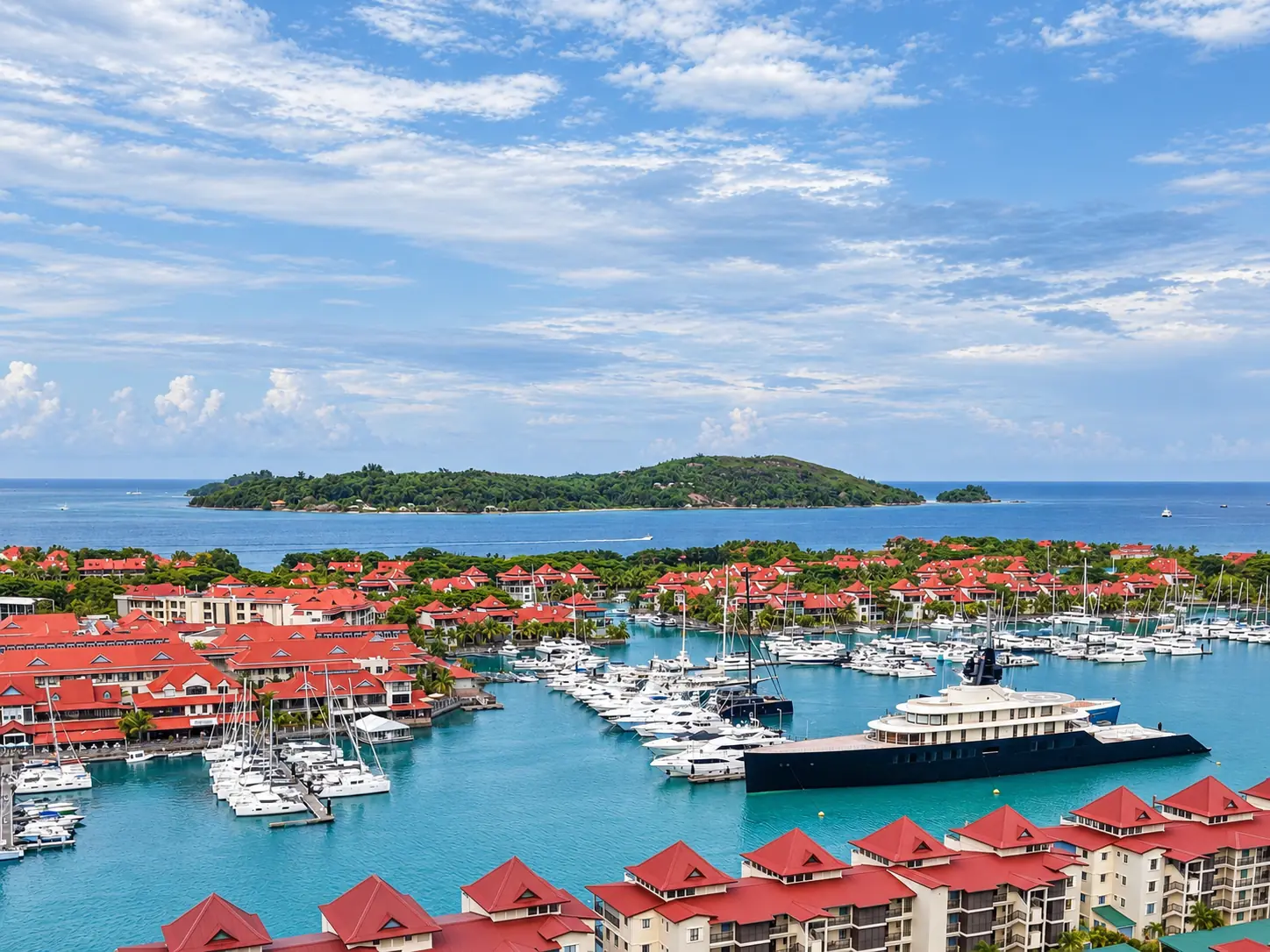 Superyacht berthed in Eden Island marina, Seychelles