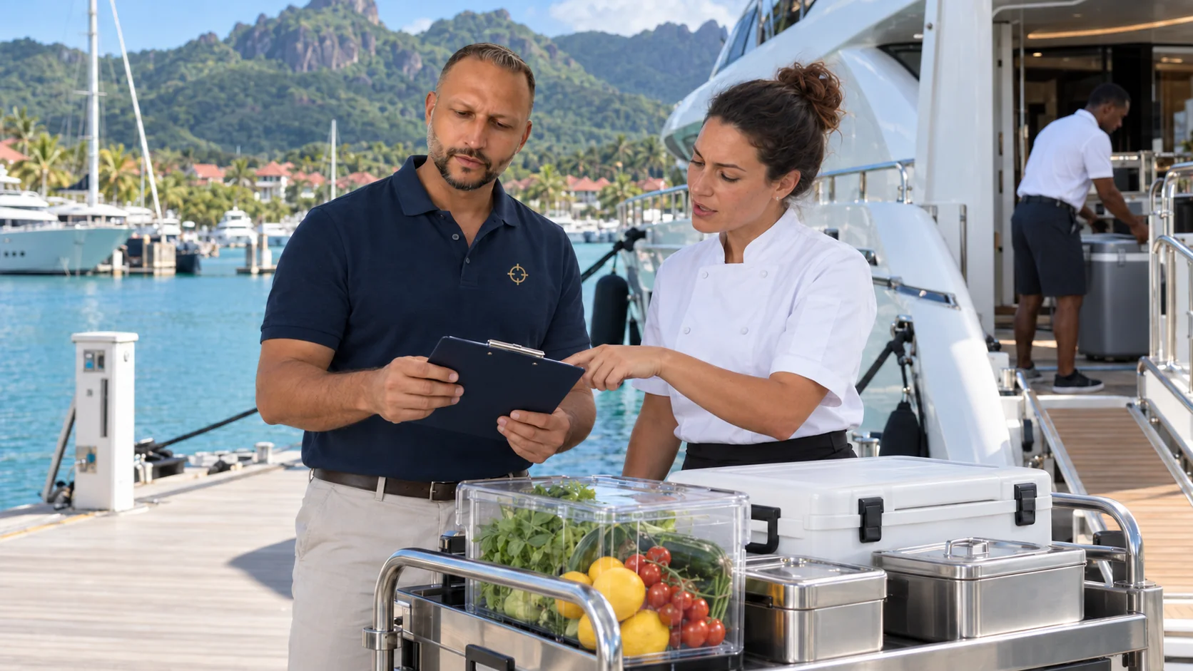 Yacht agent and chef coordinating provisions beside a yacht in Seychelles